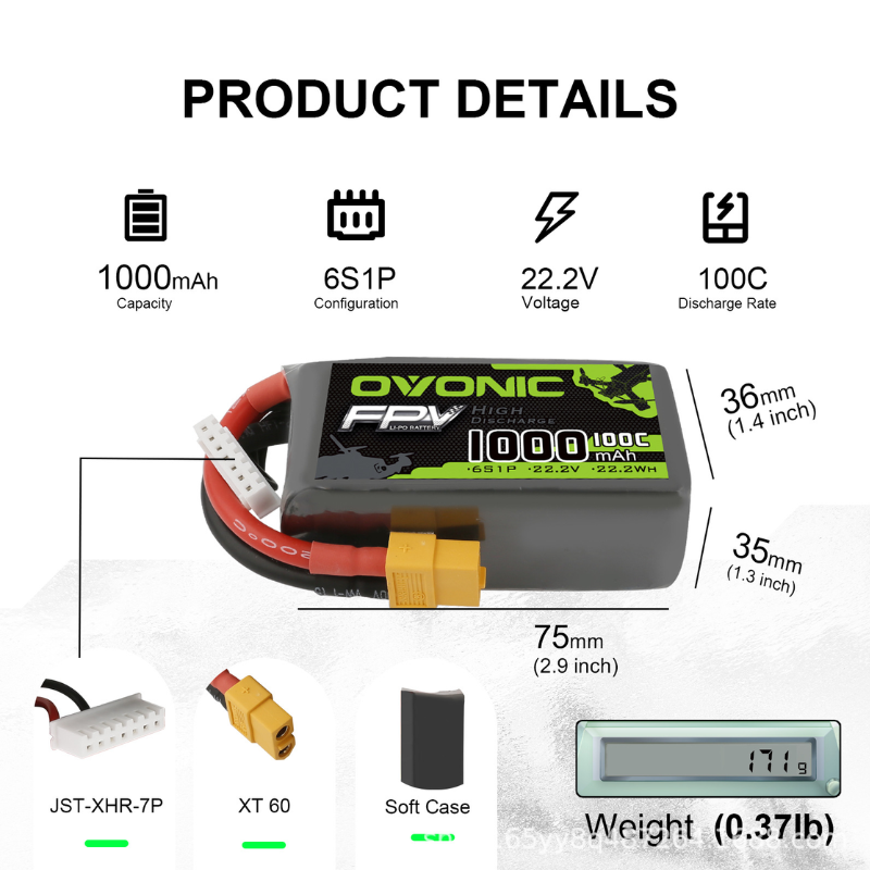 2Pcs OVONIC 1000mAh 100C 22.2V - Drone Battery 6S recensie en prijs